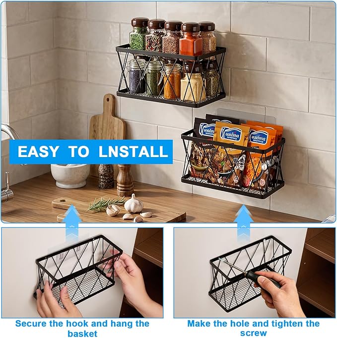 8 Pack Cabinet Door Organizer,No Drill Adhesive Metal Pot Lid Holder with 4 Storage Baskets &4 Tumbler Lid Holders,Rustproof Inside Cabinet Food Container Lid Storage Rack for Kitchen Pantry Bathroom - Image 5
