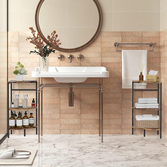 CADUKE Pedestal Sink Storage, 2 Pack Bathroom Under Vanity Storage Shelf | Under Sink Organizer Shelf, Bathroom Organizers Rack Stand, 3 Tier Wooden Corner Shelves, For Small Space, Rustic Brown - Image 6