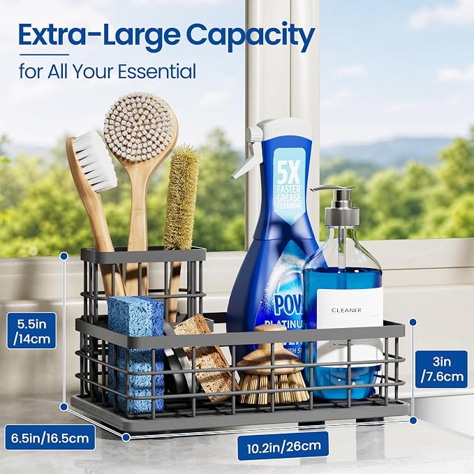 Kitchen Sink Organizer, Large Sink Caddy with Sponge Holder & Diatomite Mat | Cleaning Supplies in One Place, Kitchen Countertop Organizer, Home Essentials, Brush Holder, Quick Dry Tray, Fewer Puddles - Image 2