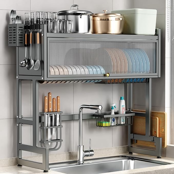 Over the Sink Dish Drying Rack 3 Tier with Dustproof Flip-Up Cover | Large Dish Drainer Storage Counter Organizer,Space-Saving Dish Rack for Dishes and Cutlery,Fits Sinks up to 36 Inches by CUISIBOT