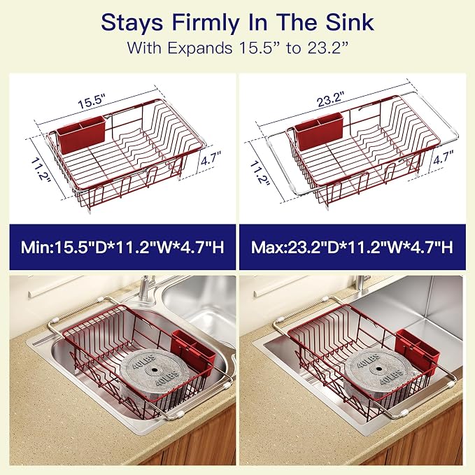 Red Dish Drying Rack Over Sink with Utensil Holder, Drainboard | Expandable Stainless Steel Dish Drainer for Small Kitchen, Apartment, RV, Counter Space Saving, Perfect Fit, Rustproof - Image 3