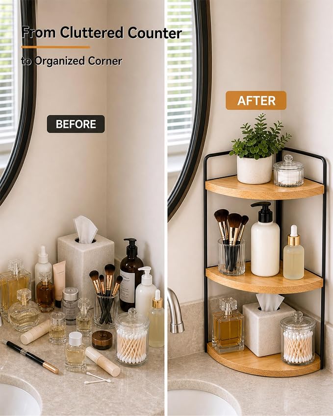 3-Tier Corner Bathroom Countertop Organizer, Solid Pine Wood Vanity Shelf | Natural wood solid pine shelves with 6.3 in clearance for tall bottles, skincare, perfume, and daily essentials. - Image 4