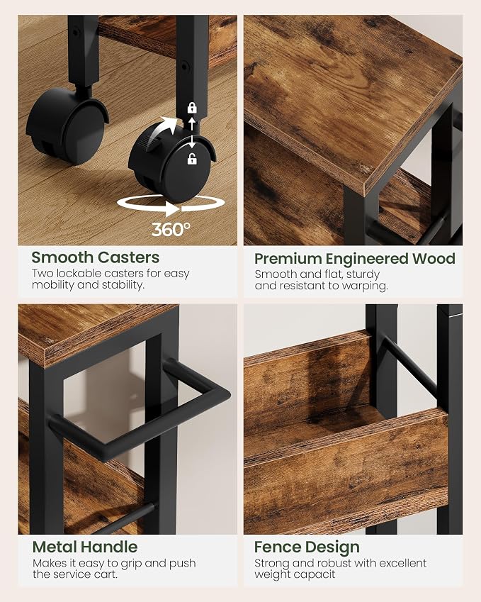 4-Tier Slim Storage Cart, 9.1'' Kitchen Serving Trolley, Slim Rolling Cart with Handle and Guard Rails, Slim Cabinet for Small Spaces, for Dining Room, Rustic Brown and Black TTC03BF - Image 6