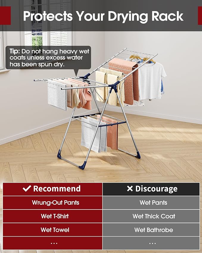 Sakugi Clothes Drying Rack, 55.5" Adjustable Wings, Foldable Design | Laundry Room, Bedroom, Outdoor & Indoor Use, Height Adjustable, Collapsible, Silver Blue, 55.5" L × 22.8" W - Image 5