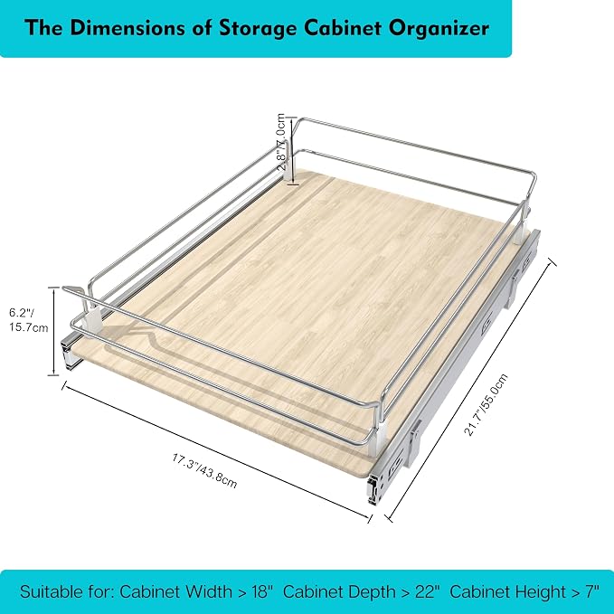 Pull Out Cabinet Organizer 17.45" W X 22" D, Wood & Chromed | Full Slide Out Drawers For Kitchen Cabinets, Cabinets Capacity Heavy Duty Caddy, Cabinet Pullout Shelves , Pantry Storage - Image 2