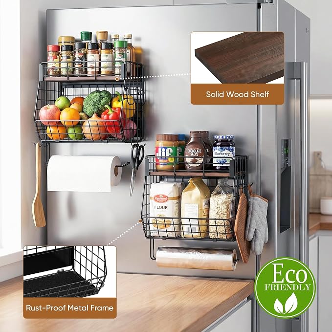 2 Pack Magnetic Spice Rack for Fridge with Paper Towel Holder andf 4 Hook | Fruit Basket Kitchen Storage and Organizer, Full‑Enclosed Magnetic Shelf 33 lbs for Laundry, Pantry, Coffee Bar and RV - Image 5