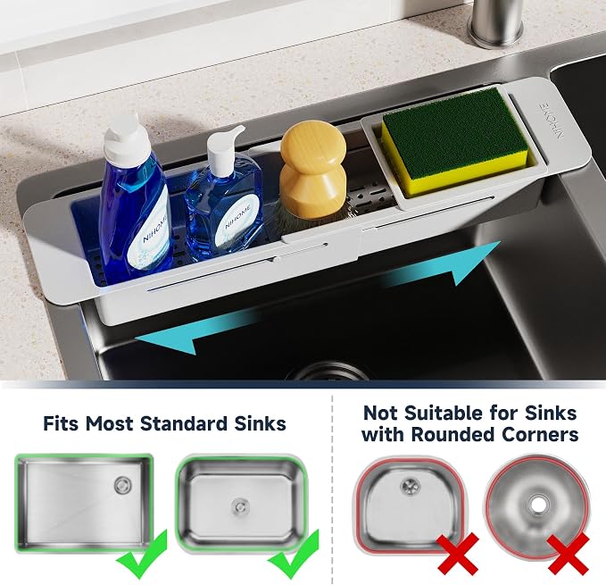 NiHome Extendable Kitchen Sink Caddy, Small Brush Sponge Storage Holder | Expandable Kitchen In Sink Organizer for Brush & Sponge with Drainage, Adjustable Length, Non-Slip Pads, Durable ABS (Gray) - Image 4