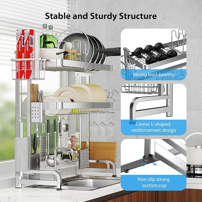 Over The Sink Dish Drainer Drying Rack 3 Tier Adjustable Width | 304 Full Stainless Steel Large Capacity Expandable Storage Kitchen Counter Organizer, Pots & Pans Rack - Image 2