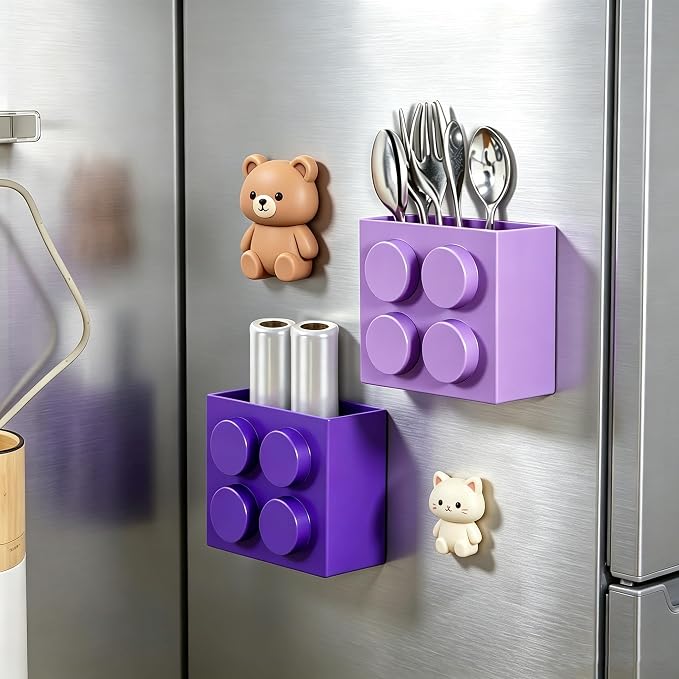 Magnetic Basket Organizer for Fridge - Lego-Style ABS Plastic Storage Box,No Drill Design for Kitchen Counter, Microwave & Whiteboard, Holds Up to 3.5 lbs (Light Purple) - Image 6