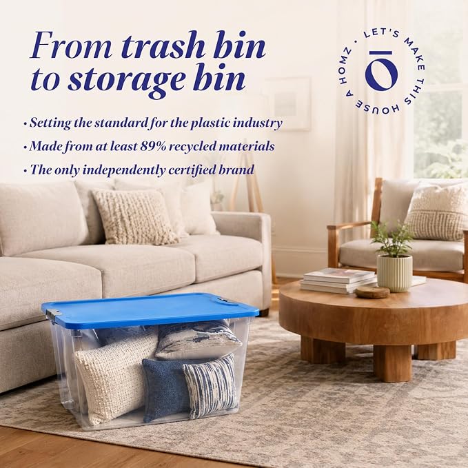 HOMZ Clear Plastic Storage Bin with Secure Latching Blue Lid, 64 Qt, 2 Pack | Heavy-Duty Stackable Containers, Large Organizer Box for Homes, Offices, and Garages - Image 7
