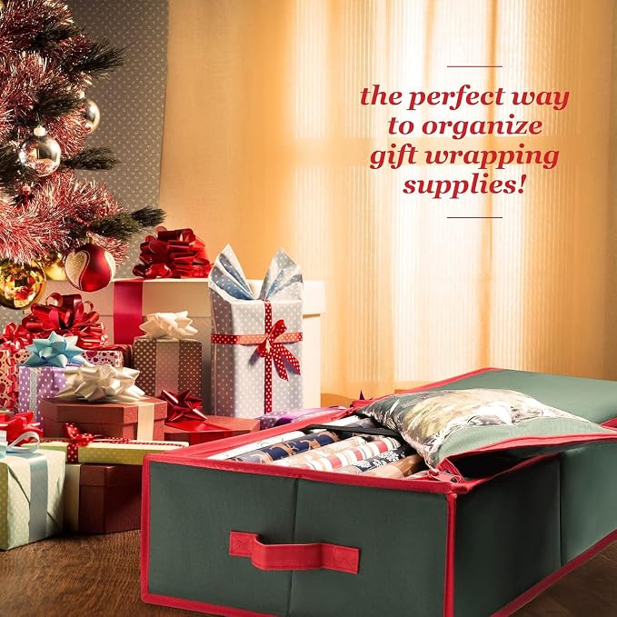 Premium Wrapping Paper Organizer Storage | Gift Wrap Holder With Extra Pockets for Christmas Decorations, Reinforced Handles, Heavy Duty, Ultra-Durable, Tear-Proof Fabric - Fits Up to 27 Rolls (Green) - Image 2