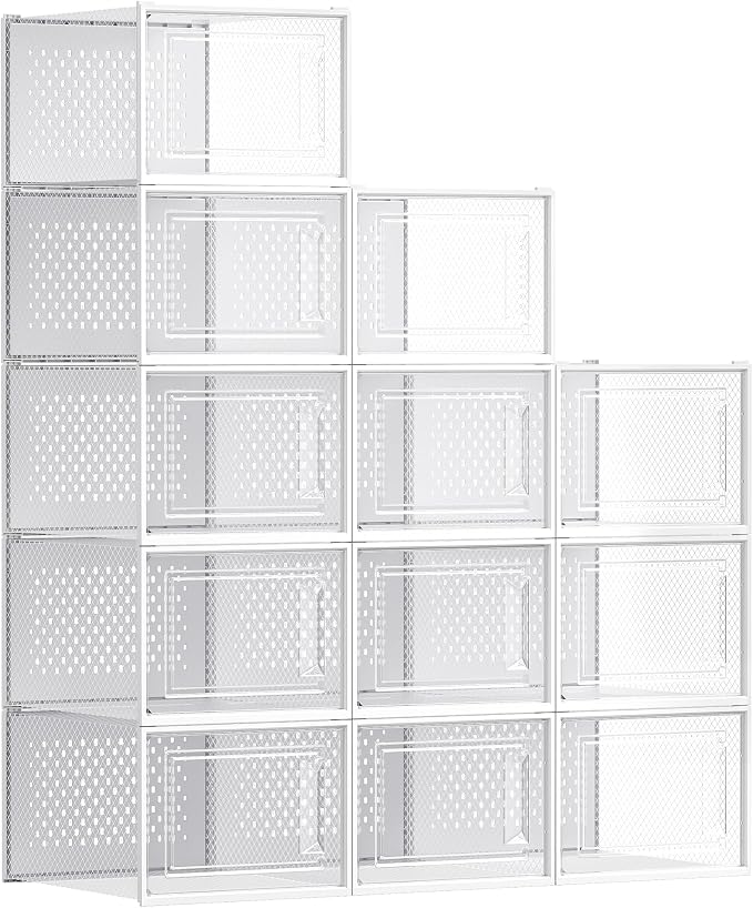 SONGMICS Shoe Boxes, Pack of 12 Shoe Storage Organizers, Stackable Clear Plastic Boxes for Closet, Sneakers, 13.1 x 9.9 x 7.4 Inches, Transparent and White ULSP12MWT by Unknown