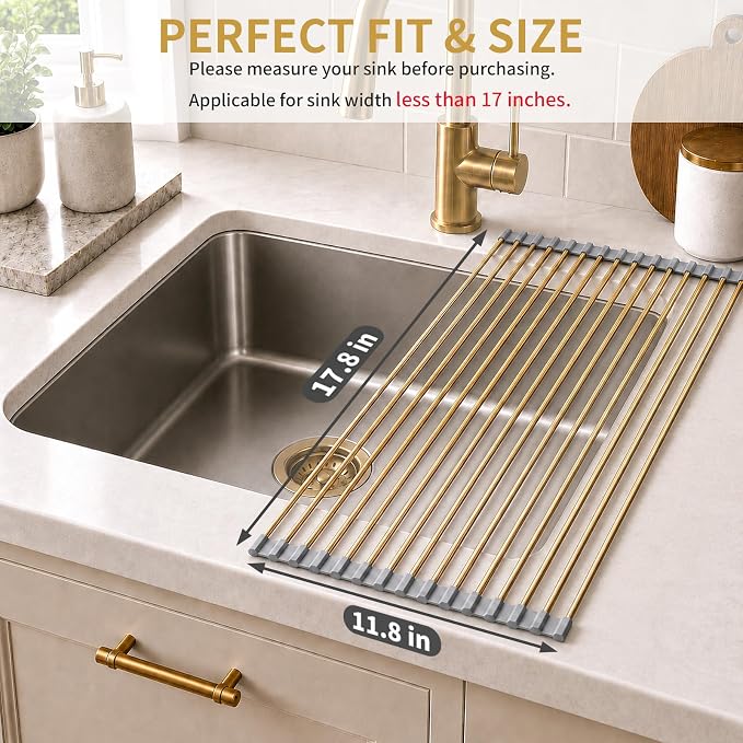 Gold Roll Up Dish Drying Rack Over Sink, Foldable Stainless Steel Drainer Non-Slip Sink Drying Rack Sink Accessories for Kitchen Countertop (17.8×11.8in) - Image 2