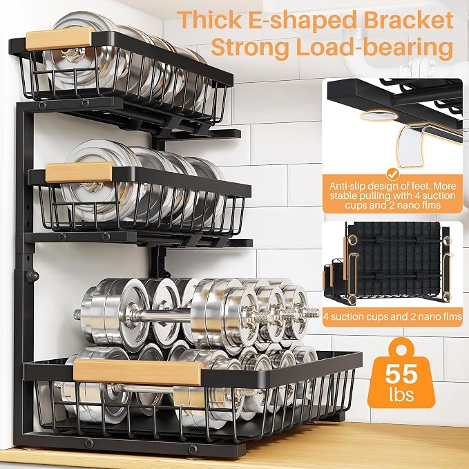 PXRACK Under Sink Organizer, 3-Tier 2-Pack Adjustable Height Pull Out Under Cabinet Organizer, Slide Out Thickened Metal Under Sink Storage for Kitchen Bathroom Laundry Pantry Organization, Black - Image 6