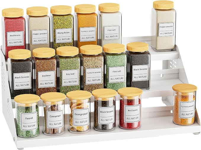 BOIVSHI 3 Tier Expandable Spice Organizer for Cabinet, White | Metal Shelves with Adjustable Height Spice Storage for Kitchen Countertop, Olive Oil and Soy Sauce for Pantry Organization by BOIVSHI