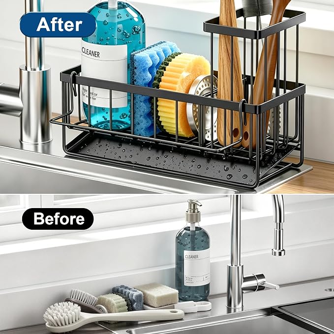 Sponge Holder for Kitchen Sink, Kitchen Sink Caddy, Kitchen Sink Sponge Holder, Dish Sponge Holder, Kitchen Sink Organizer for Sponge, Dish Brush, Scrubber(9.65" x 3.74" x 6.3", Black) - Image 5