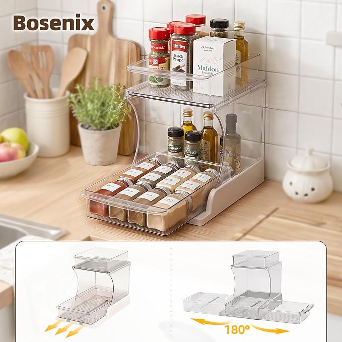 Spice Rack, Countertop Shelf Organizer, 2 Tier Kitchen Organizer | Pull Out 180° Rotating Bottom Shelf, Acrylic Spice Organizer for Cabinet, Pantry Storage, Coffee Station Organizer - Image 7