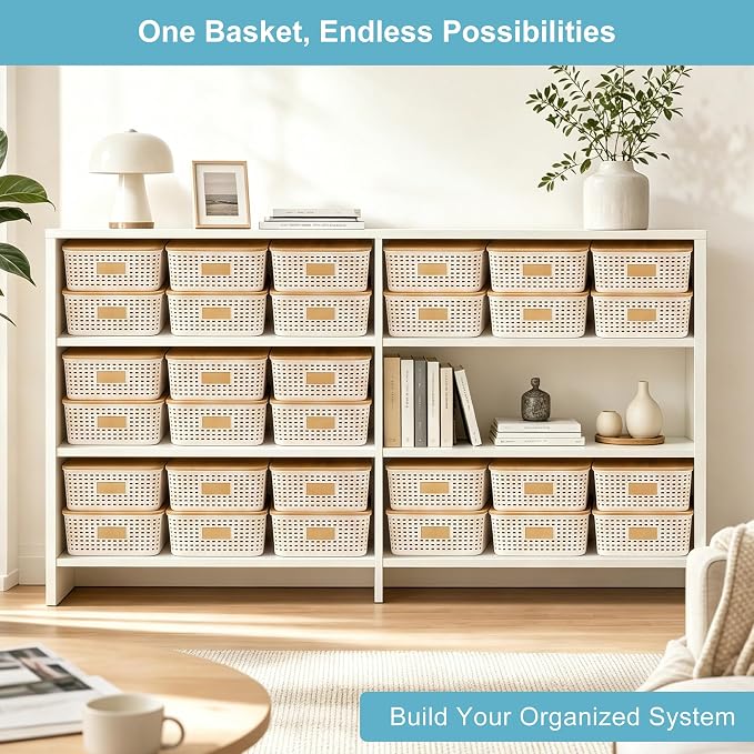 4 Pack Plastic Storage Bins with Bamboo Lids, 6.2qt Stackable Storage Organizer Box with Lable for Pantry Shelves Drawers Desktop Office, 12"L x 8.3"W x 3.5"H, Cream White - Image 6