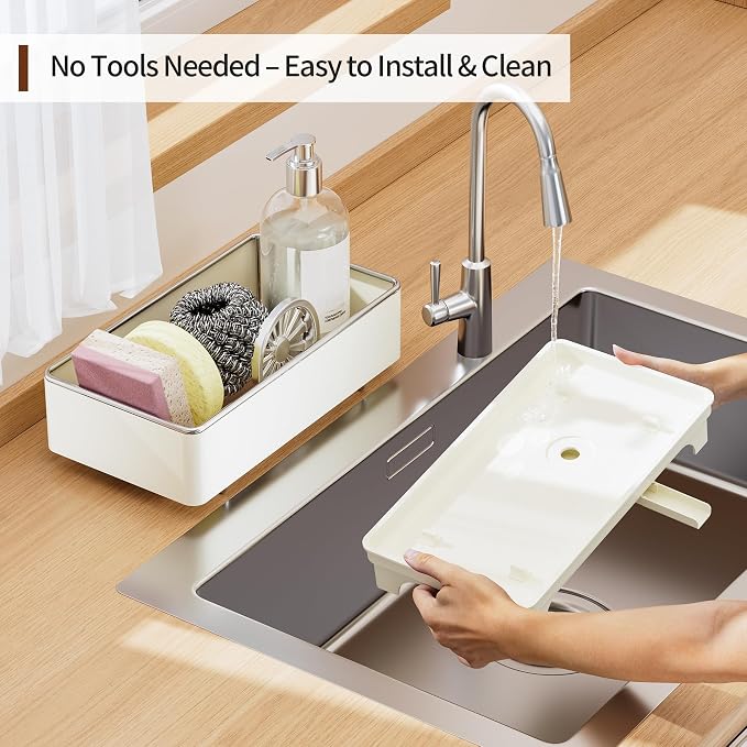 MOUKABAL Rotating Drain Sponge Holder for Kitchen Sink Off-white | Rustproof Stainless Steel/Large Capacity/Keeps Counter Dry/Removable Tray/Soap Bottle Holder - Image 5
