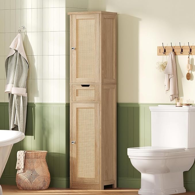 Iwell Tall Bathroom Cabinet, Slim Narrow Storage Cabinet with Adjustable Shelves, Rattan Cabinets with 1 Drawer, for Bathroom, Living Room, Entryway, Kitchen, Nature - Image 2