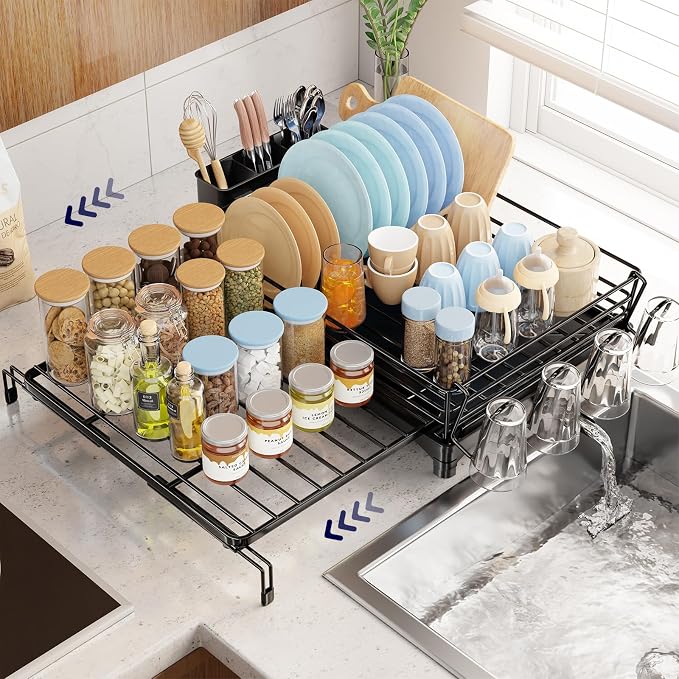 Simple Trending Dish Drying Rack - Expandable Dish Rack for Kitchen Counter, Large Capacity Dish Drainer, Stainless Steel Dish Strainer with Utensil & Cup Holders, Black - Image 8