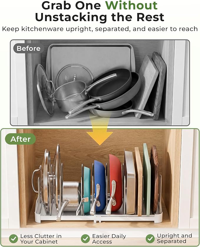EVERIE Adjustable Cabinet Organizer for Pot Lids, Bakeware, Cookie Sheets & Cutting Boards, Upright Storage Rack for Kitchen Cabinet, Stable Dividers, 9.7" Deep, 12.6" to 21.5" Wide, GS02SS | 5mm Steel Dividers, Anti-Wobble, M-Slot for Lid Handles, BPA... - Image 8