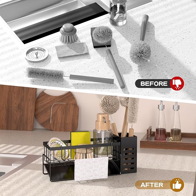 304 Stainless Steel Over Sink Caddy Sponge Soap Organizer Black | Auto sloped drainage with removable tray, 3 divided spaces for sponge & soap, rustproof steel, no installation needed - Image 6
