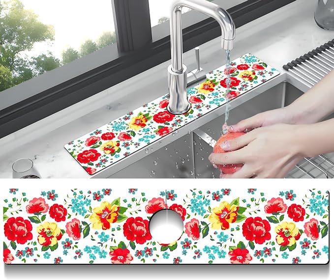 Kitchen Sink Splash Guard Faucet Mat Super Absorbent Fast Drying Mat Sink Gadgets Splash Guard Behind Faucet Drip Catcher for Kitchen (Beautiful Flower, 23.5x5.5in) - Image 2