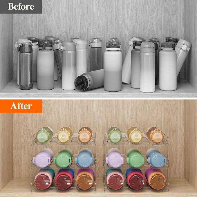 Lifewit 3 Tier Stackable Water Bottle Organizer for Cabinet, Plastic Bottle Holder Fits 9 Bottles/Tumblers up to 3.8" Diameter for Pantry/Countertop/Cupboard, 28 x 19 x 24 cm/11 x 7.5 x 9.5" - Image 2