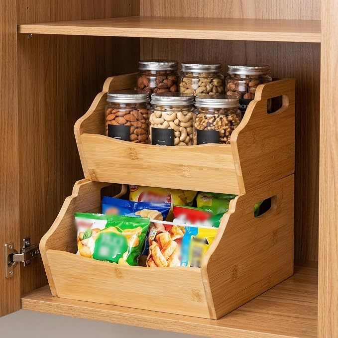 Cididu 2 Pack Bamboo Stackable Storage Bin, Countertop Open Front Stacking Bins, 2 Tier Organize Basket Box with Handle, Food Fruit Container for Cabinet, Kitchen, Studio, Office - Image 6