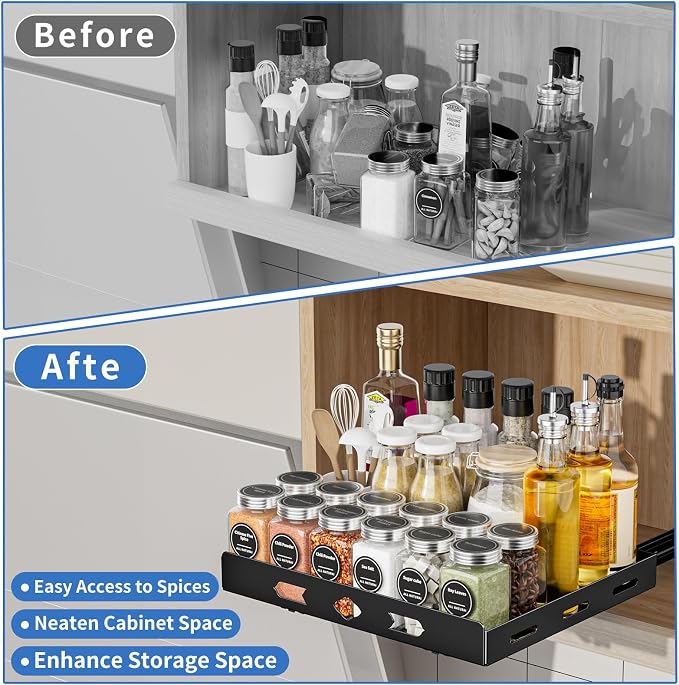 BOIVSHI Pull Out Spice Rack for Cabinet, 12.6" Wx10.5 Dx2.8 H | Metal Heavy Duty Spice Rack Easy to Assembly, 1 Tier Spice Organizer to Save Cabinet Space, Noise-Free Sliding Seasoning Rack - Image 2