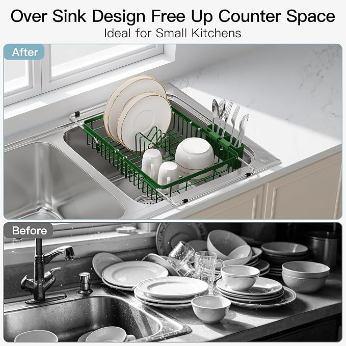 JASIWAY Green Dish Drying Rack Over the Sink with Utensil Holder | Expandable Stainless Steel Dish Driainers for Small Kitchen, Apartment, Counter Space Saving, Fast Drain, Rust Resistant - Image 2