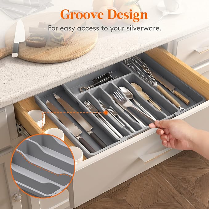 Lifewit Extra Large Silverware Drawer Organizer, Expandable Utensil Tray | BPA Free Flatware Cutlery Holder for Kitchen, Adjustable Plastic Storage for Spoons Forks Knives, 13-22.4 x 16.7", Gray - Image 8