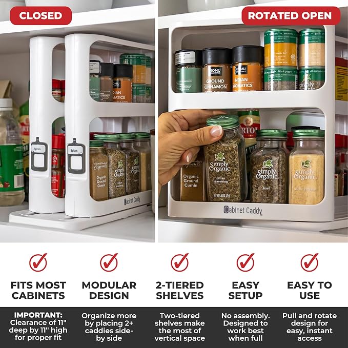 Spice Rack Organizer for Cabinet, Pull & Rotate, 2-Tier | Double-Decker Shelves, 10.8"H x 5.25"W x 10.8"D, Modular Side-By-Side, Non-Skid Feet, Stick-On Labels, Sturdy Build - Image 3