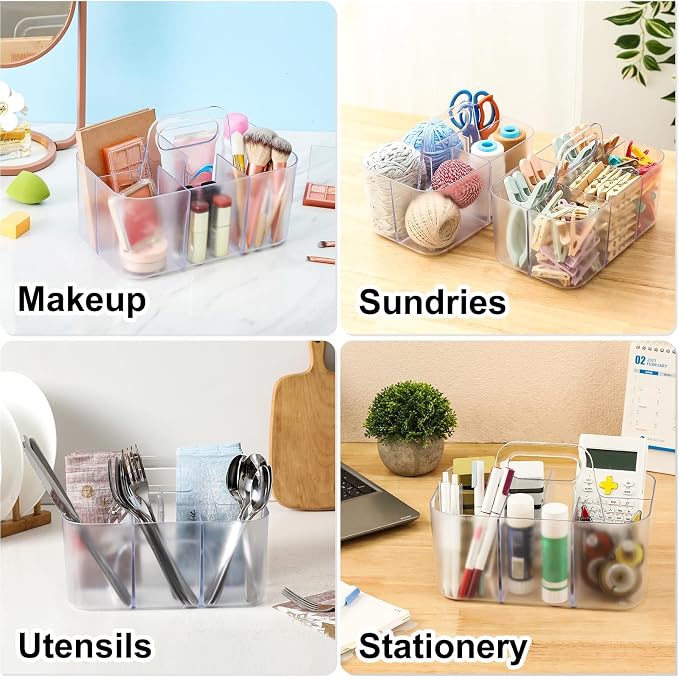 Multiuse Caddy Organizer with Handle, Portable Plastic Tote Bin - Art Craft, Stationary Pen Marker Crayons, Makeup Hair Supplies Storage - Bathroom, Classroom, Dorm, Office, Desk Holder -Frosted Clear - Image 2