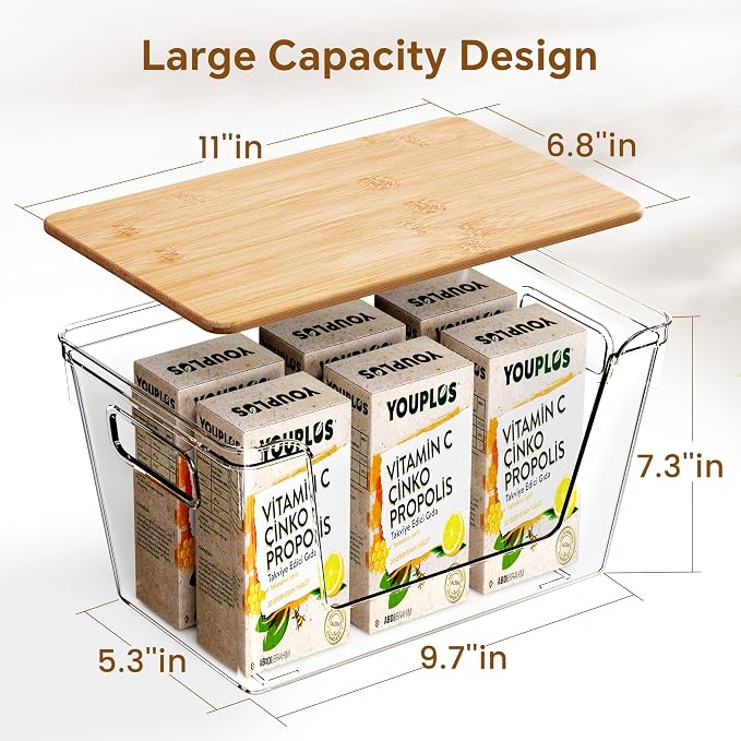 4 Set Pantry Organizers and Storage with Bamboo Lids, Stackable Clear Bins for Onion, Potato, Fruit, Vegetables, Trash Bag Dispenser, Kitchen and Under Sink Organizer - Image 3