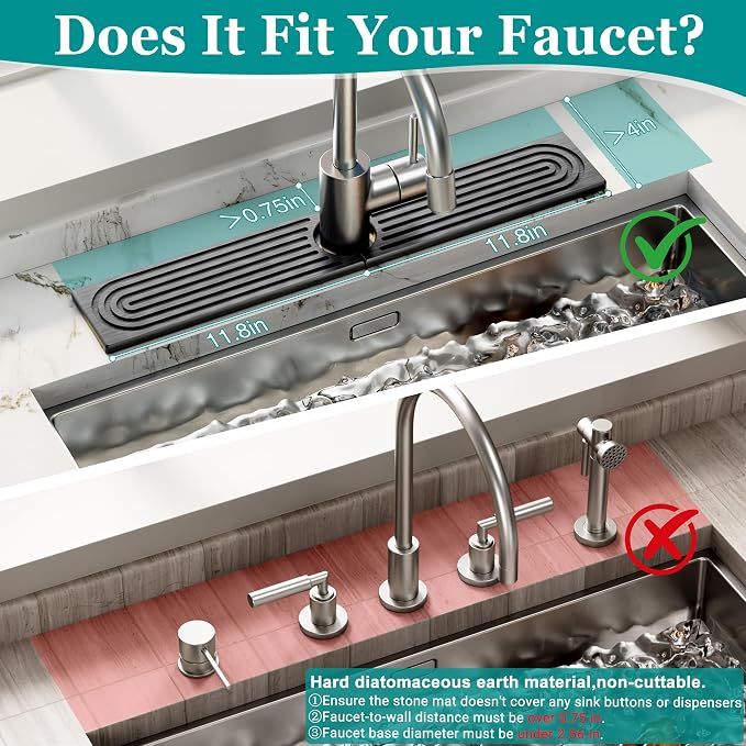 Stone Faucet Mat for Kitchen Sink - Quick Dry Diatomite Sink Splash Guard, Prevents Moisture Buildup & Water Stains, Water Absorbing Stone Tray for Bathroom Countertop (Dark Gray, 23.6" x 4") - Image 2