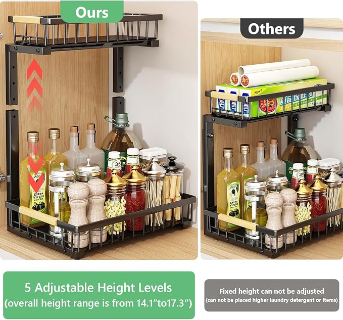 Merrylun Under Sink Organizers,5 Adjustable Height，Metal Pull Out Under Sink Organizers and Storage Shelves with Sliding Drawer, Black, 2 Pack（Hight 13.6″-16.9″） - Image 4
