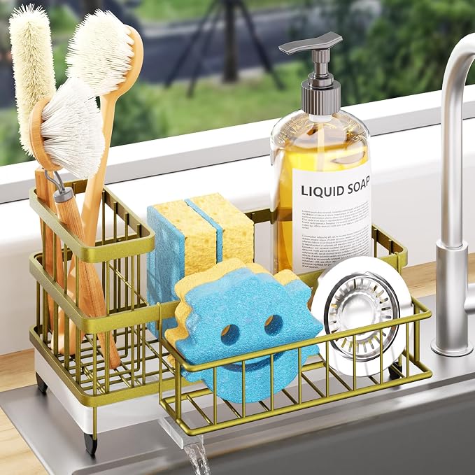 Consumest Sponge Holder for Kitchen Sink - Auto Draining Sink Caddy Organizer with Detachable Rack, High Brush Holder, Kitchen Countertop Storage Accessories, Light Gold by Consumest