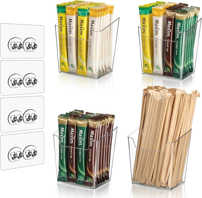 Clear Acrylic Pen Holder, 4 Pack Cabinet Door Organizer Adhesive, Bathroom Wall Mount Caddy Kitchen Plastic Storage Bin Box for Office Marker,Art Supply, Small Cleaning Supply, Seasoning Drink Packet - Image 8