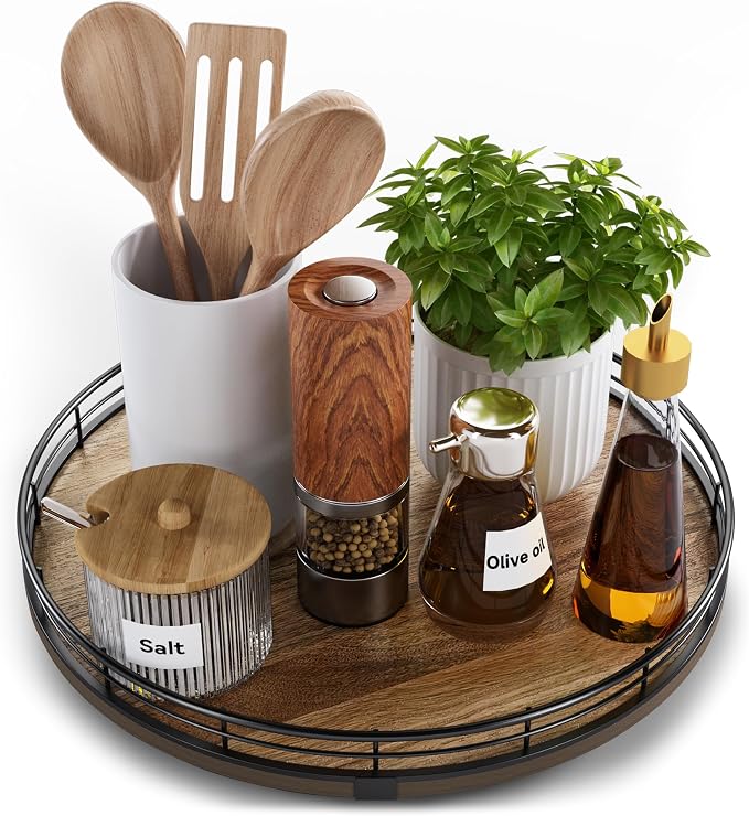 Acacia Wood 12" Lazy Susan Turntable Organizer for Table Top, Farmhouse Round Wooden Lazy Susan for Cabinet Kitchen Centerpieces Coffee Table, for Condiments Spices, Bathroom Vanity Tray Decor by HGF