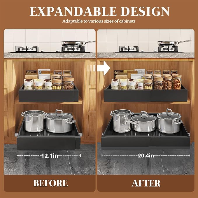 Seinloes 4 Pack Expandable Pull Out Cabinet Organizer 21"Deep With Raising Pad for Framed Cabinets,Upgrade 3 Slide Rails Slide Out Drawers,No Drill Roll Out Shelves,Adjustable Width 12.1"-20.4" Black - Image 4