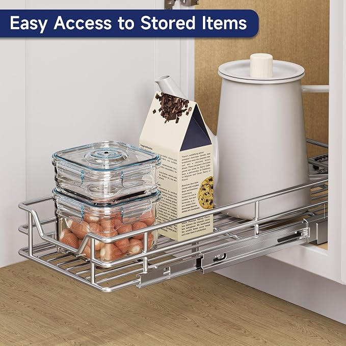 Pull Out Cabinet Organizer, 5.5" W x 21.5" D, Heavy Duty Chrome Slide Out Shelf for Narrow Base Cabinets, Sliding Wire Basket Drawer for Spices, Bottles, Snacks & Cleaning Supplies - Image 6