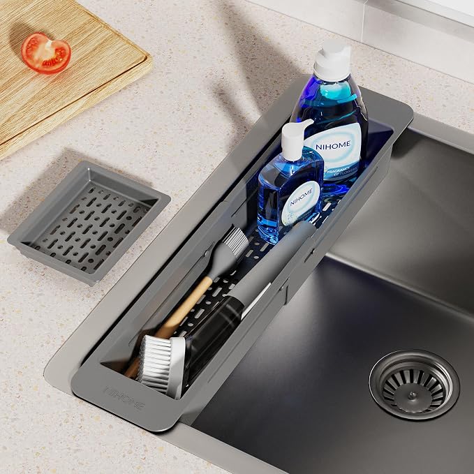 NiHome Extendable Kitchen Sink Caddy, Small Brush Sponge Storage Holder | Expandable Kitchen In Sink Organizer for Brush & Sponge w/ Drainage, Adjustable Length, Non-Slip Pads Durable ABS (Dark Gray) - Image 9