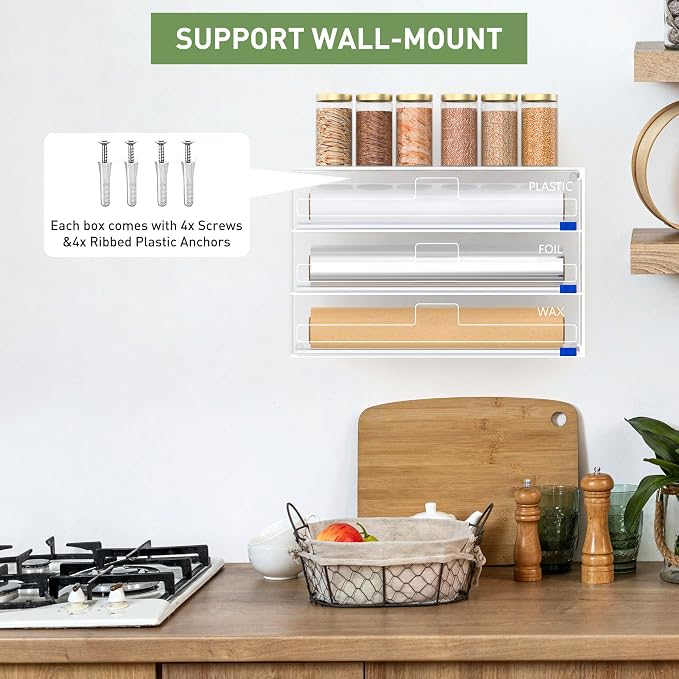 3 in 1 Clear Acrylic Foil, Plastic Wrap Organizer with Cutter | Kitchen Storage, Aluminum Foil Dispenser, Wax Paper Holder, For Drawer or Wall Mount, Fits 12 Inch Roll - Image 6