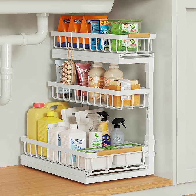 Under Sink Organizer and Storage for Bathroom and Kitchen - 1 Pack 3 Tier | Cabinet Pull Out Shelf Organizers - Slide Out Drawer Organization for Home Cabinets Shelves and Drawers by Aekenr