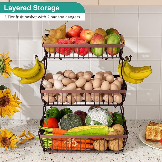3 Tier Fruit Basket for Kitchen Counter with 2 Banana Hangers, Countertop Metal Fruit Bowl with Wooden Handle, Large Storage Stand for Vegetables, Snacks, Breads, Produce Storage – Brown - Image 2