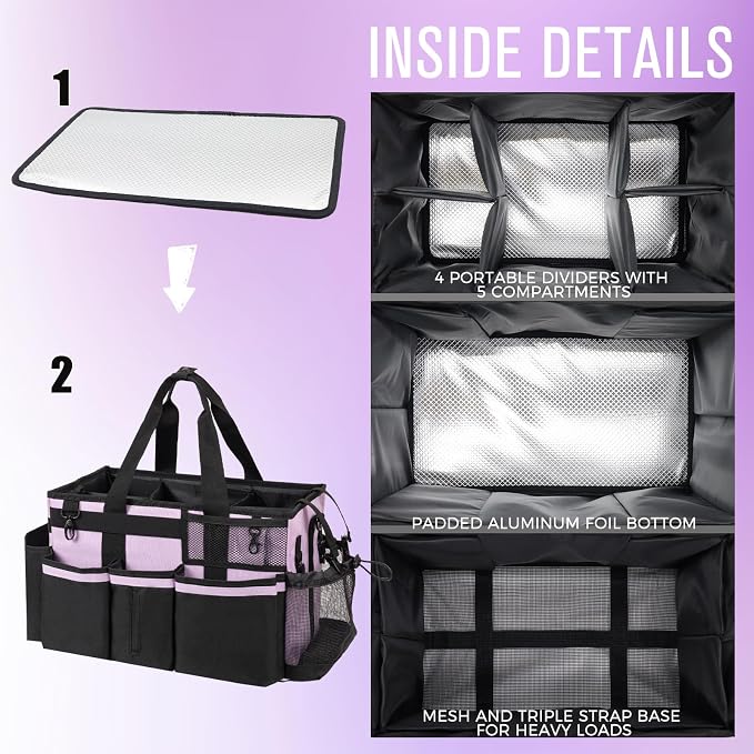 SCAVATA Wearable Cleaning Caddy, Cleaning Caddy Supplies Organizer with Handle & Shoulder Straps for Housekeepers, Under Sink & Car Cleaning Tool Organizers Bag with 4 Foldable Divider (Lilac) - Image 4