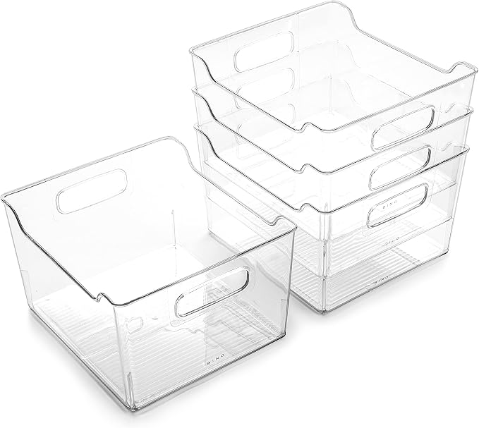 BINO | Plastic Storage Bins - 4 Pack | THE LODGE COLLECTION | Clear Storage | Containers for Organizing with Handles | Pantry Kitchen Organization | Fridge Organizer | Bathroom | Shelves Cabinet by BINO
