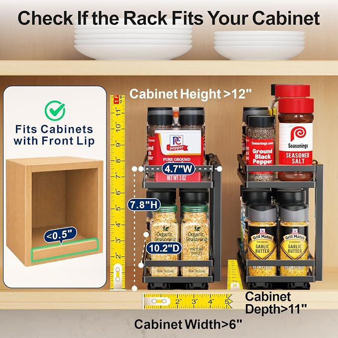 2 Tier Pull Out Spice Rack - for Inside Cabinet with Front Lips | Peel-and-Stick No Drilling Setup, Smooth Slide Access for 1-8 Oz Spice Jars, Cabinet Storage, Daily Cooking Use, Daily - Image 2